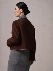 Women brown collarless short jacket with leather trim chic commuter autumn outerwear