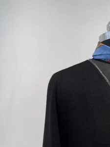 Black collarless short coat for women, elegant commuter cardigan jacket with blue silk scarf.