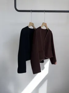 Collarless short coat women contrast leather edge cardigan casual autumn commuter outwear
