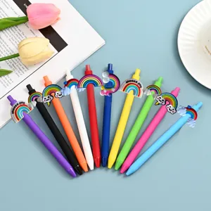 Colorful neutral gel pens detail showcasing cute rainbow cloud patches and smooth writing experience.