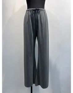 Dark grey pleated wide-leg pants with comfortable drawstring waist and draping details.