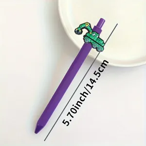 Detailaufnahme des violetten Gelstifts mit niedlichem Bagger-Aufleger und genauer Längenangabe.