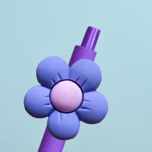 Purple flower gel pen top detail, cute student writing stationery, vibrant aesthetic