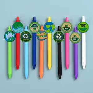 Buntes umweltfreundliches Gelstift-Set mit süßen Silikonaufsätzen für die Schule.