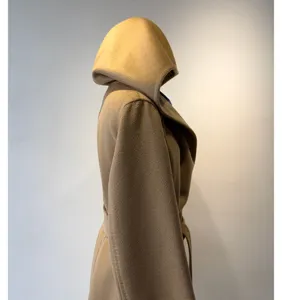 Elegant camel hooded wool coat detail, classic wrap design with belt for women winter.