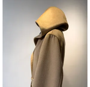 Premium camel hooded wool coat for women, elegant winter outerwear with classic wrap design and belt.