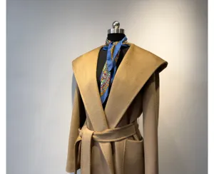 Women camel hooded wrap coat with belt classic winter woolen coat elegant outerwear stylish look