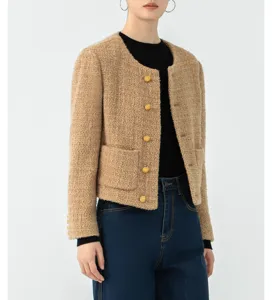 Chique tweed korte jas voor dames, elegante ronde hals met mooie gouden knopen