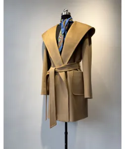 Elegant camel hooded wrap coat for women, featuring a matching tie belt and practical deep pockets.