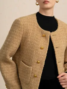 Dames Casual Ronde Hals Enkelbreasted Wol Tweed Korte Jas Lange Mouw Bovenkleding Vroege Herfst Pendelstijl