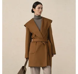 Camel hooded wrap coat for women with belt and pockets, premium winter woolen outerwear.