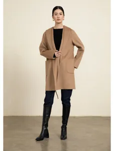 Camel hooded wool blend coat for women, elegant winter outerwear with pockets and tie belt.