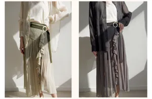 Japanese style pleated high waist midi split skirt pants with ruffle detail and chic belt.