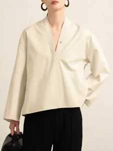 Women Casual Loose Cotton Poplin Blouse Long Drop Shoulder Sleeve V Neck New Hanfu Collar Short Shirt Top
