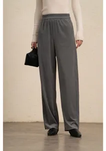 Women casual grey corduroy wide leg pants high waist loose autumn fashion trousers detail view.