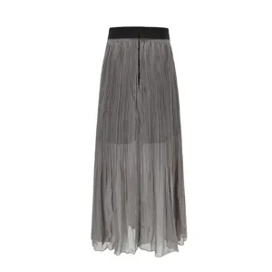 Gray pleated maxi skirt detail view featuring high elastic waist and lightweight fabric texture.