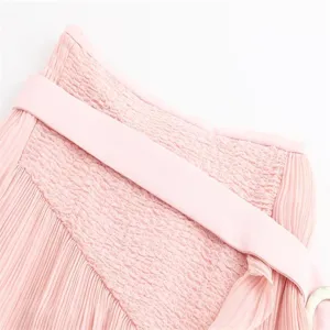 Pink pleated high waist skirt detail, smocked elastic waistband with stylish belt.