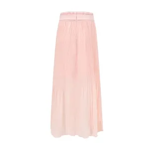 Pink pleated midi skirt back view, high waist design and delicate pleated texture details.