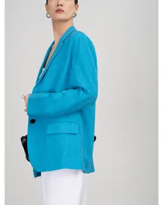 Turquoise triacetaat zomer dames blazer detail, lichtgewicht ademend kreukvrij jasje.