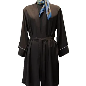 Robe de Chambre de Nuit à Manches Longues Col en V Couleur Unie avec Ceinture pour Femmes Vêtement d'Intérieur Drapé Léger