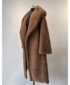 Oversized brown teddy bear hooded coat, warm fluffy faux fur long winter outerwear for women.