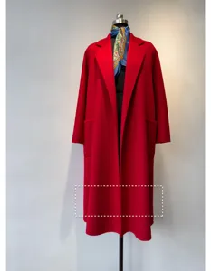 Elegant red cashmere double-faced wool coat detail, classic lapel and long wrap design.