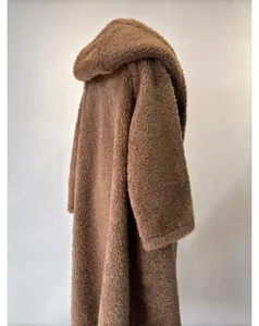 Oversized hooded camel teddy bear coat, plush fuzzy long winter outerwear for women.