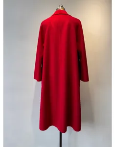 Detailed back view of a luxury red cashmere wrap coat, elegant long winter outerwear design.