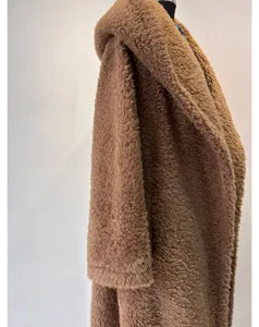 Women brown long hooded teddy fleece coat winter warm plush thick outerwear apparel item