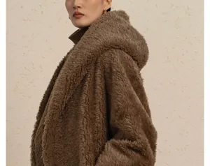 Oversized brown teddy hooded wool coat for women, stylish long fuzzy winter outerwear.