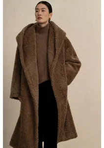 Women brown hooded teddy wool coat oversized long winter warm plush outwear apparel