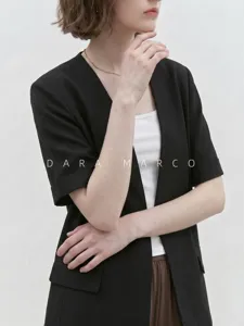 Γυναικείο Casual Blazer από Ίνα Τριακετικής Μέτριο-Μακρύ Φαρδύ Χωρίς Γιακά Μισό Μανίκι Jacket Commuter Style Suit Outerwear