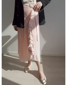 Pink high waist pleated midi skirt with ruffle split design, elegant Japanese style fashion.