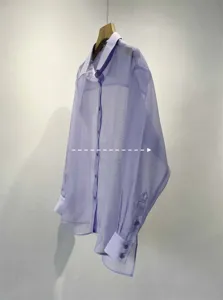 Lavender sheer organza shirt detail view, featuring classic lapel collar and delicate buttons.