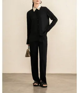Women chic black long sleeve shirt and pants set with white contrast collar for office work