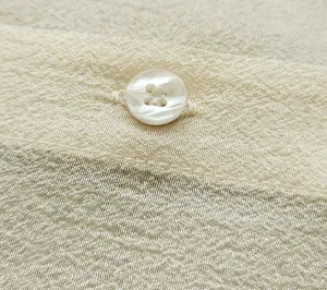 Close-up detail of sheer organza shirt fabric texture with pearl button and neat stitching.