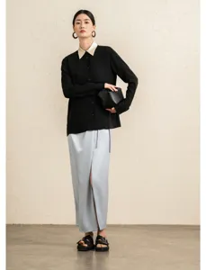 Minimalist contrast collar long sleeve shirt and split maxi skirt detail view, elegant style.