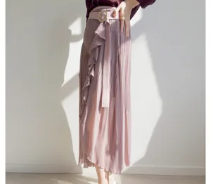 High waist pleated midi skirt for women with elegant ruffles and stylish split design pink