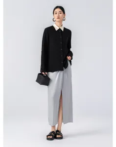 Chic minimalist long sleeve contrast collar blouse and elegant slit midi skirt for women