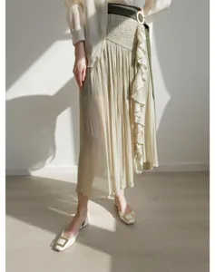 Japanese high waist pleated split midi skirt culottes detail showing elegant fabric and design
