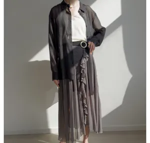 Japanese style sheer black shirt and grey pleated ruffle high waist split skirt culottes.