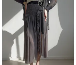 Dark grey high waist pleated skirt culottes with ruffles and split design for women fashion.