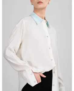 Women white long sleeve button down shirt with contrast lapel collar professional apparel