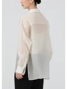 Sheer organza long sleeve shirt detail, lightweight translucent button-down top view.