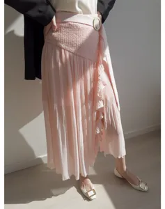 Japanese style high waist pleated midi culotte skirt with elegant ruffles for women spring wear.