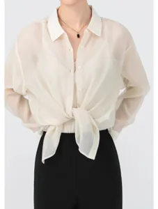 Sheer sheer acetate organza blouse for women, lightweight summer sun protection shirt.