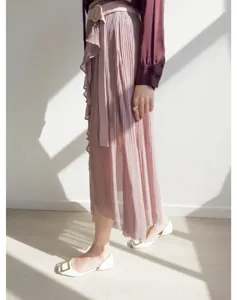Pink pleated midi skirt detail, high waist ruffle design with split hem, elegant women's wear