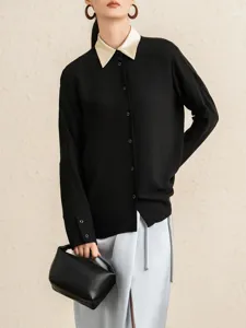 Women French Contrast Silk Collar Long Sleeve Shirt Elegant Commuter Acetate Single Breasted Blouse Top