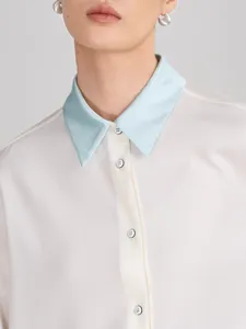 Elegant French contrast collar silk blouse, smooth and anti-wrinkle minimalist shirt.