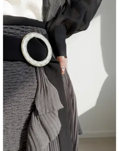 Japanese high waist pleated culottes skirt featuring a chic stylish round belt buckle.